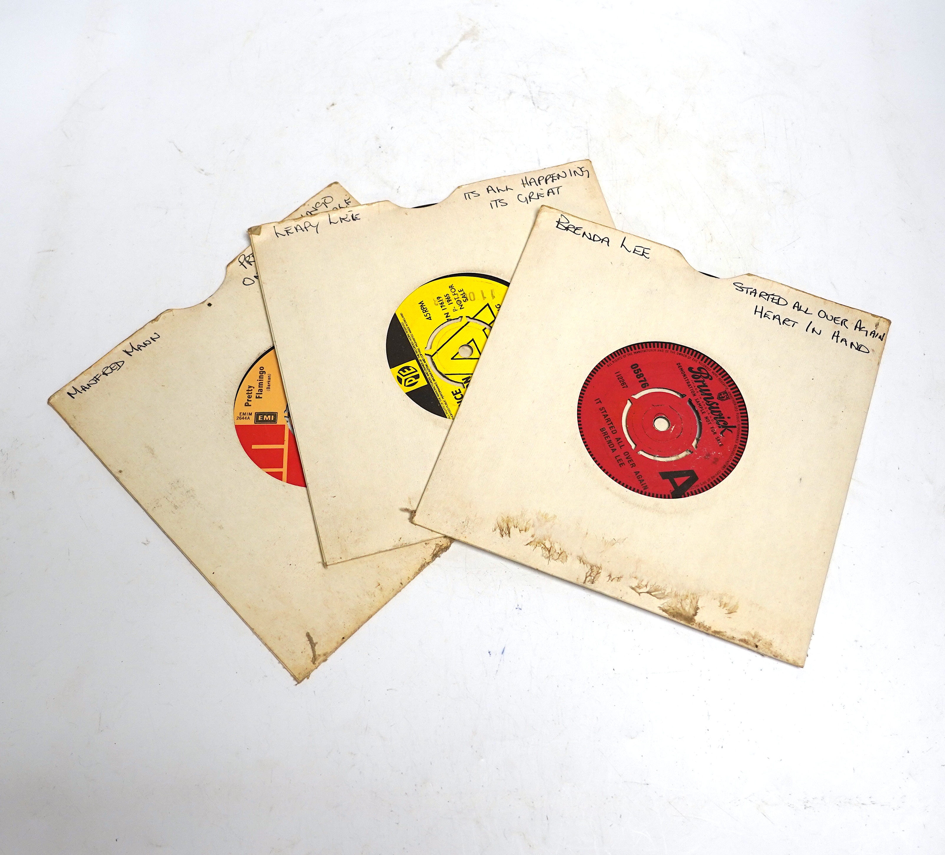 One hundred and twenty-two 7” singles, all with printed demo labels (some also with printed release date), record labels include; Brunswick, PYE, EMI, CBS, Mercury, Columbia, Capitol, Parlophone, Reprise, etc. Artists in